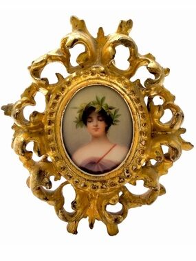 Porcelain Hand-painted Daphne Miniature Plaque Gilded Frame Signed Damaged Frame